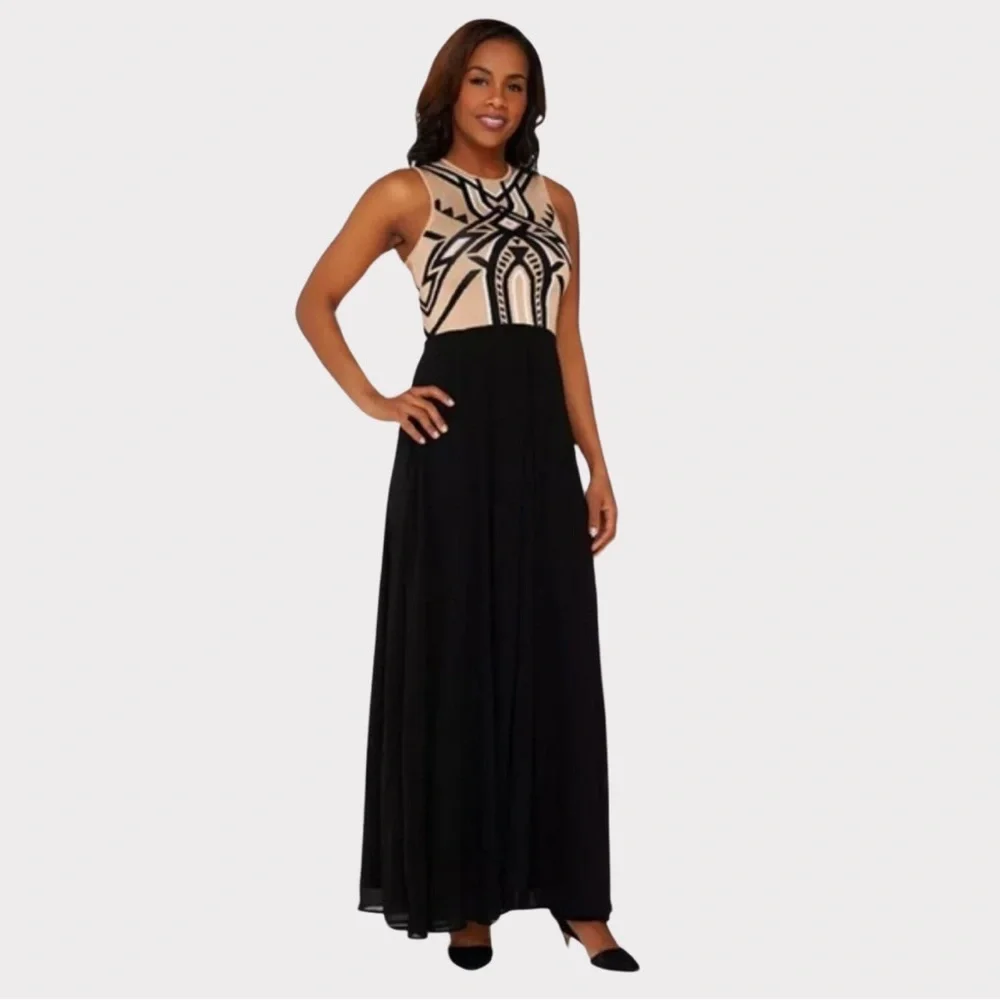 NWOT | G.I.L.I. Maxi Dress | Black & Tan | Sweater Top | Chiffon Skirt | 16P - Picture 1 of 8